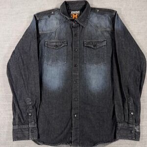 Xtreme Couture Denim Shirt Mens L Dark Wash Excellent Western Snap Epaulets